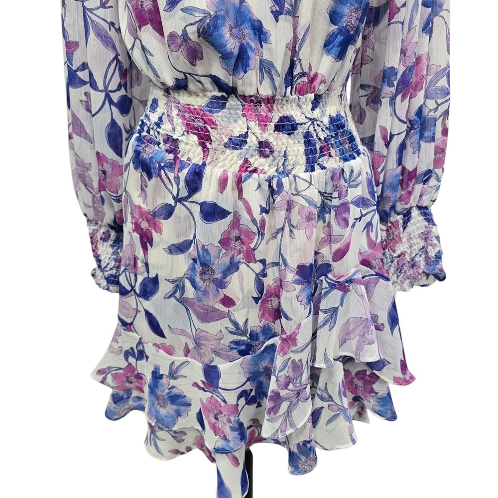 MISA Los Angeles Floral Print Ruffle Neck Dress XS Metallic Sheer - Picture 9 of 11